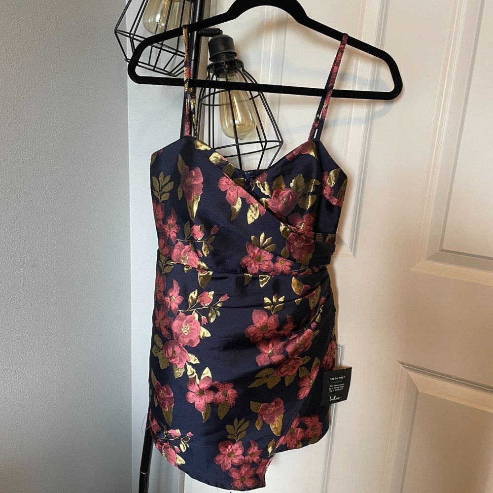 LULUS Garden Gala Navy Blue Floral Jacquard Skort Romper